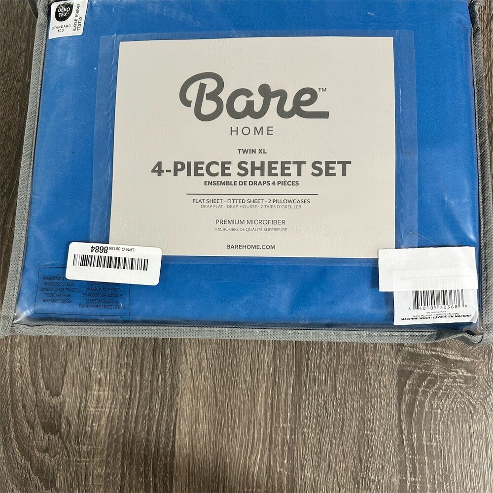 Bare Home Sheet Set Twin XL 4-Piece Blue Flat Fitted Sheet 2 Pillowcases